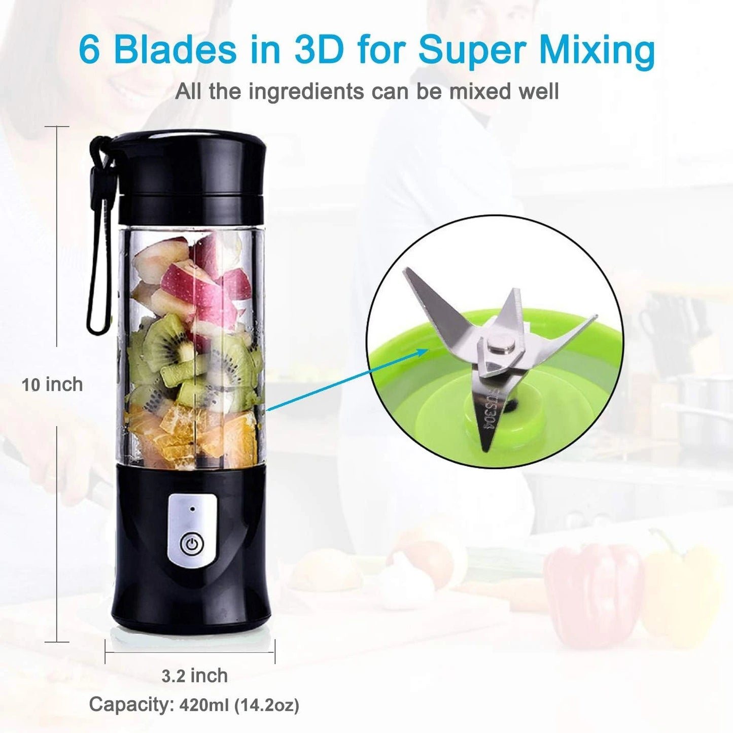 Convenient, Portable and Compact Black Cordless Single Serve Personal Mini Blender with USB Rechargeable Battery - Perfect for O