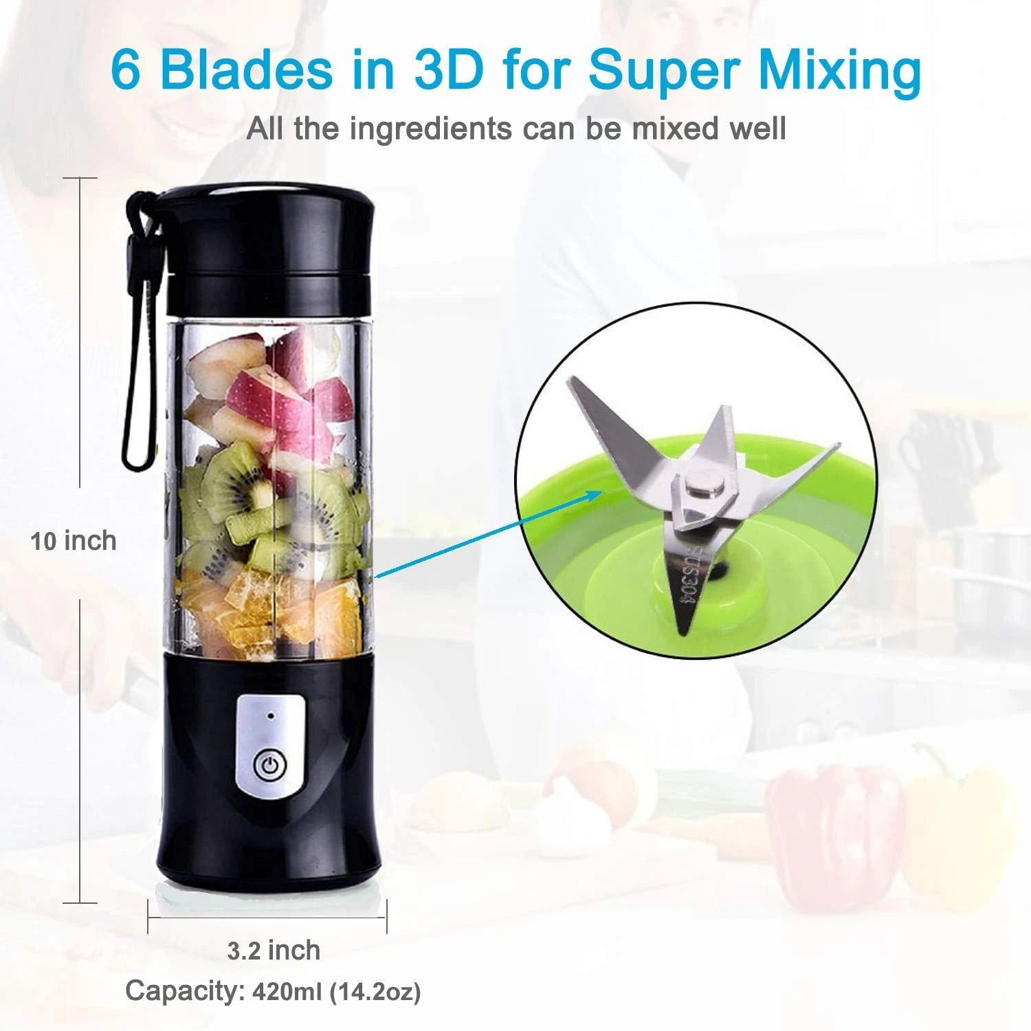 Convenient, Portable and Compact Black Cordless Single Serve Personal Mini Blender with USB Rechargeable Battery - Perfect for O