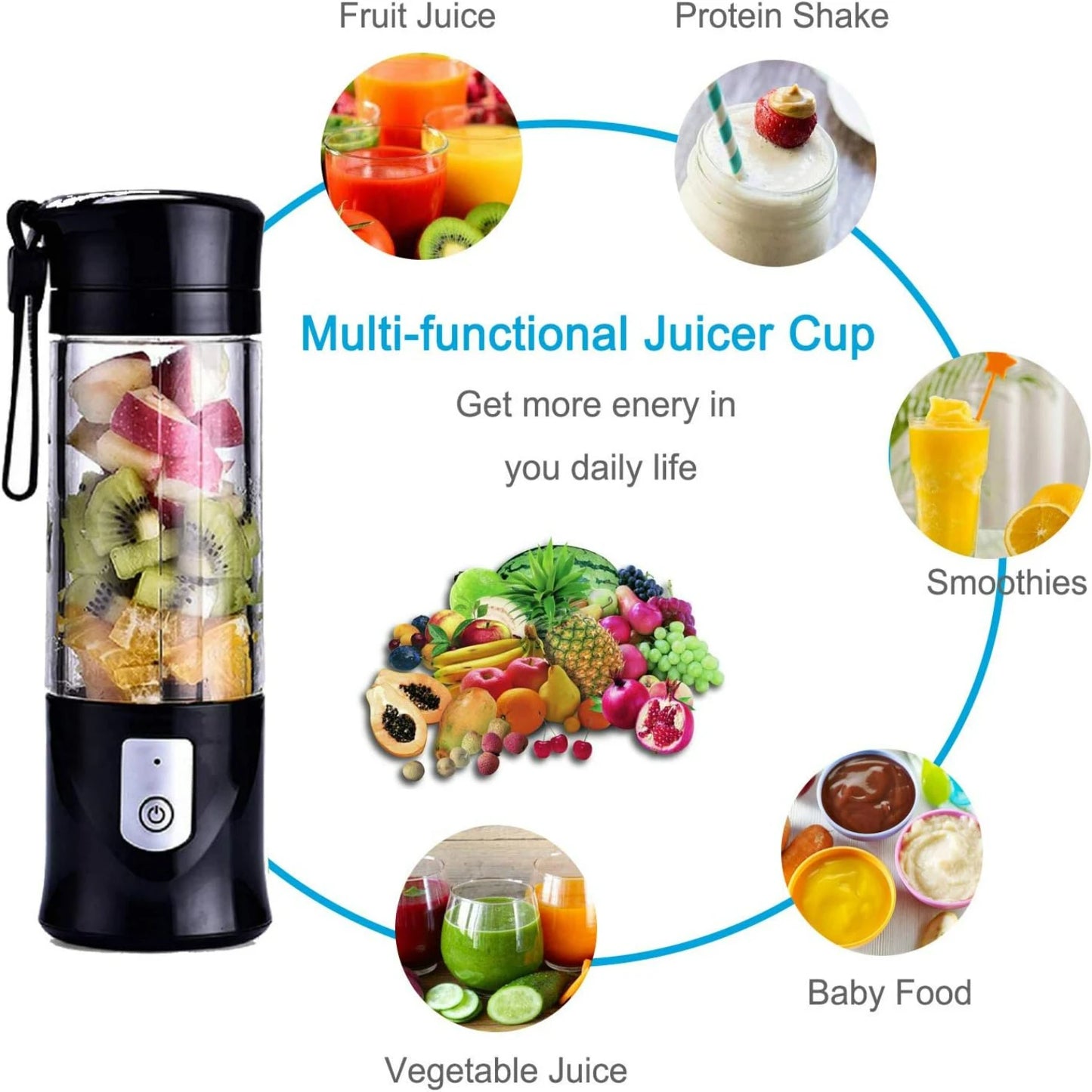 Convenient, Portable and Compact Black Cordless Single Serve Personal Mini Blender with USB Rechargeable Battery - Perfect for O