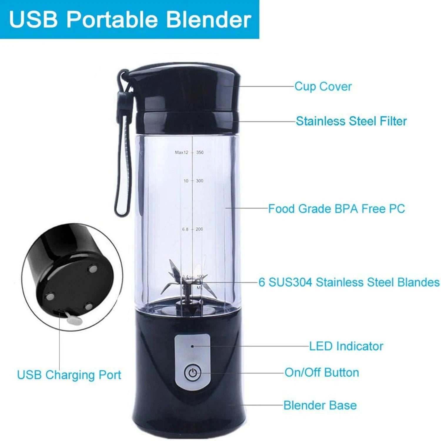 Convenient, Portable and Compact Black Cordless Single Serve Personal Mini Blender with USB Rechargeable Battery - Perfect for O