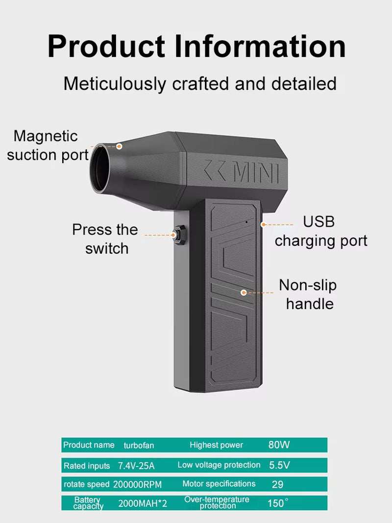 Violent Fan 200000RPM Powerful Air Blower Vacuum Dust Cleaner Type-C Charging Strong Winds 52M/S Brushless Turbo Jet Blower