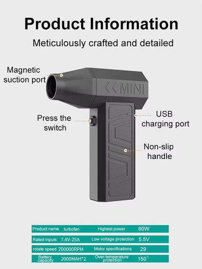 Violent Fan 200000RPM Powerful Air Blower Vacuum Dust Cleaner Type-C Charging Strong Winds 52M/S Brushless Turbo Jet Blower